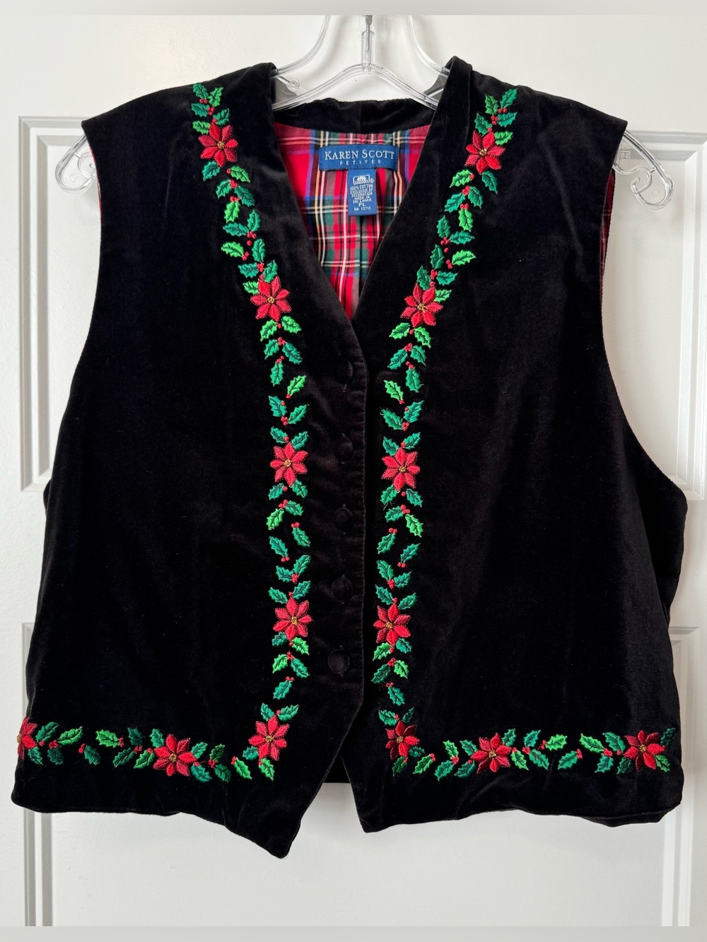 Karen Scott Petites Velvet Poinsettia Christmas Vest PL Holiday Cotton
